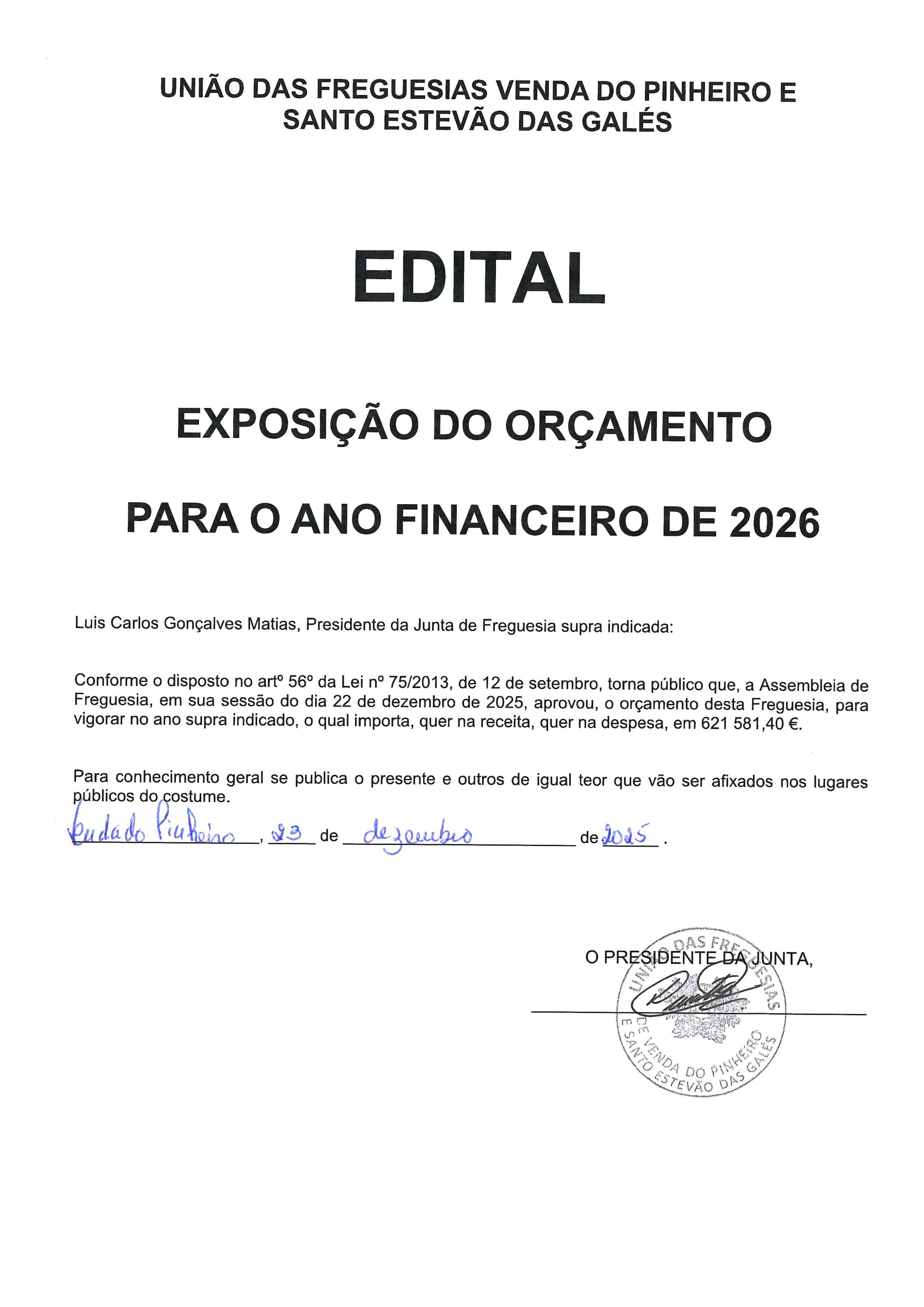 EDITAL - APROVAÇÃO DO ORÇAMENTO PARA 2026